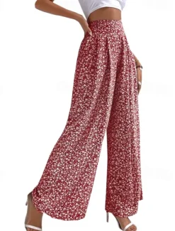 Sale Women's Wide Leg Pants Trousers Casual Daily Long Floral Printing Breathability Comfortable Micro-elastic Weekend Black Red Blue Green Spring & Summer Regular Fit Women Pants