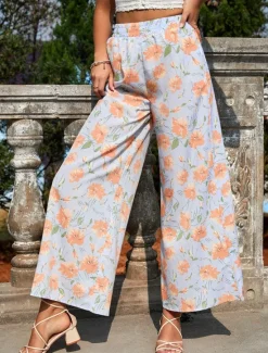 New Women's Wide Leg Pants Trousers Streetwear Casual Long High Waist Floral Pocket Printing Elastic Drawstring Design Breathability Soft Micro-elastic Vacation Street Daily Wear Blue Women Pants