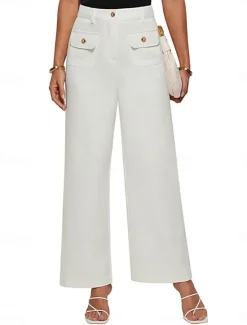 Clearance Women's Wide Leg Pants Trousers Streetwear Work Long High Waist Plain Pocket High Cut Breathability Soft Micro-elastic Vacation Street Daily Wear Black White Yellow Pink Summer Regular Fit Women Pants