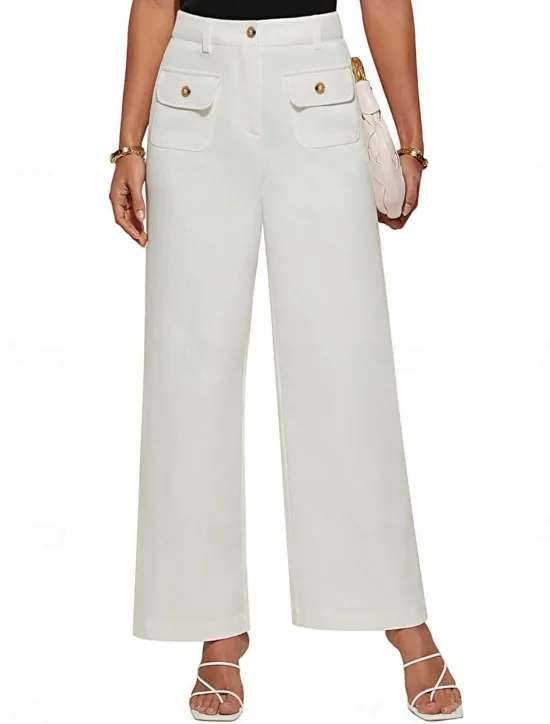 Clearance Women's Wide Leg Pants Trousers Streetwear Work Long High Waist Plain Pocket High Cut Breathability Soft Micro-elastic Vacation Street Daily Wear Black White Yellow Pink Summer Regular Fit Women Pants