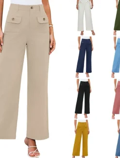 Clearance Women's Wide Leg Pants Trousers Streetwear Work Long High Waist Plain Pocket High Cut Breathability Soft Micro-elastic Vacation Street Daily Wear Black White Yellow Pink Summer Regular Fit Women Pants