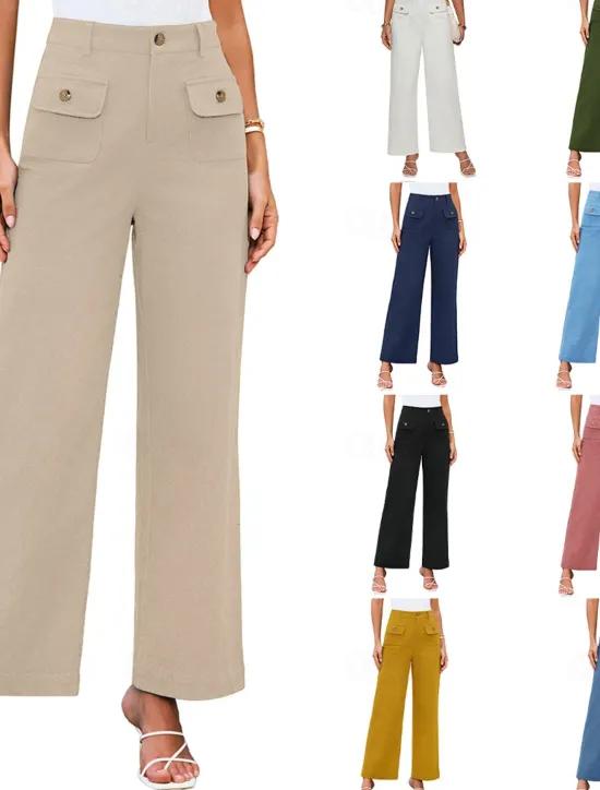 Clearance Women's Wide Leg Pants Trousers Streetwear Work Long High Waist Plain Pocket High Cut Breathability Soft Micro-elastic Vacation Street Daily Wear Black White Yellow Pink Summer Regular Fit Women Pants