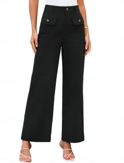 Clearance Women's Wide Leg Pants Trousers Streetwear Work Long High Waist Plain Pocket High Cut Breathability Soft Micro-elastic Vacation Street Daily Wear Black White Yellow Pink Summer Regular Fit Women Pants