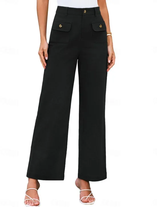 Clearance Women's Wide Leg Pants Trousers Streetwear Work Long High Waist Plain Pocket High Cut Breathability Soft Micro-elastic Vacation Street Daily Wear Black White Yellow Pink Summer Regular Fit Women Pants