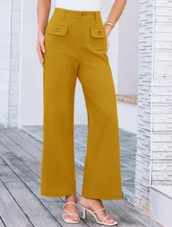 Clearance Women's Wide Leg Pants Trousers Streetwear Work Long High Waist Plain Pocket High Cut Breathability Soft Micro-elastic Vacation Street Daily Wear Black White Yellow Pink Summer Regular Fit Women Pants