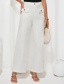 Clearance Women's Wide Leg Pants Trousers Streetwear Work Long High Waist Plain Pocket High Cut Breathability Soft Micro-elastic Vacation Street Daily Wear Black White Yellow Pink Summer Regular Fit Women Pants