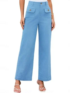Clearance Women's Wide Leg Pants Trousers Streetwear Work Long High Waist Plain Pocket High Cut Breathability Soft Micro-elastic Vacation Street Daily Wear Black White Yellow Pink Summer Regular Fit Women Pants