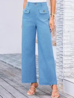 Clearance Women's Wide Leg Pants Trousers Streetwear Work Long High Waist Plain Pocket High Cut Breathability Soft Micro-elastic Vacation Street Daily Wear Black White Yellow Pink Summer Regular Fit Women Pants