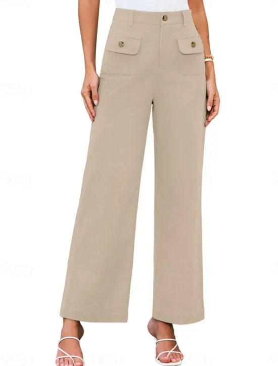Clearance Women's Wide Leg Pants Trousers Streetwear Work Long High Waist Plain Pocket High Cut Breathability Soft Micro-elastic Vacation Street Daily Wear Black White Yellow Pink Summer Regular Fit Women Pants