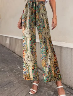 Clearance Women's Wide Leg Pants Trousers Casual Daily Long Graphic Paisley Dog Side Pockets Print Elastic Drawstring Design Breathability Comfortable Inelastic Going out Weekend Black & White Black Yellow Gray Women Pants