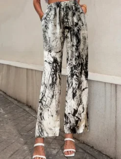 Clearance Women's Wide Leg Pants Trousers Casual Daily Long Graphic Paisley Dog Side Pockets Print Elastic Drawstring Design Breathability Comfortable Inelastic Going out Weekend Black & White Black Yellow Gray Women Pants