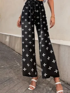 Clearance Women's Wide Leg Pants Trousers Casual Daily Long Graphic Paisley Dog Side Pockets Print Elastic Drawstring Design Breathability Comfortable Inelastic Going out Weekend Black & White Black Yellow Gray Women Pants