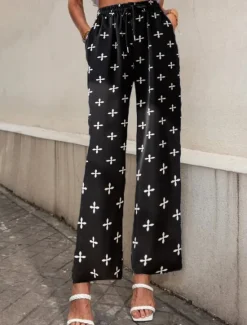 Clearance Women's Wide Leg Pants Trousers Casual Daily Long Graphic Paisley Dog Side Pockets Print Elastic Drawstring Design Breathability Comfortable Inelastic Going out Weekend Black & White Black Yellow Gray Women Pants