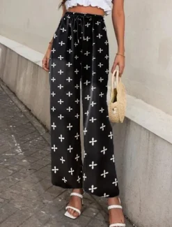Clearance Women's Wide Leg Pants Trousers Casual Daily Long Graphic Paisley Dog Side Pockets Print Elastic Drawstring Design Breathability Comfortable Inelastic Going out Weekend Black & White Black Yellow Gray Women Pants