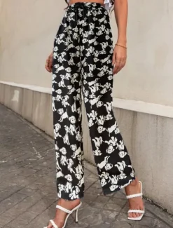 Clearance Women's Wide Leg Pants Trousers Casual Daily Long Graphic Paisley Dog Side Pockets Print Elastic Drawstring Design Breathability Comfortable Inelastic Going out Weekend Black & White Black Yellow Gray Women Pants