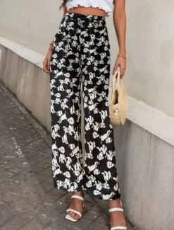 Clearance Women's Wide Leg Pants Trousers Casual Daily Long Graphic Paisley Dog Side Pockets Print Elastic Drawstring Design Breathability Comfortable Inelastic Going out Weekend Black & White Black Yellow Gray Women Pants