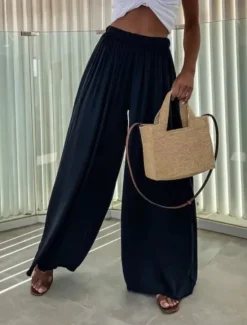 Best Women's Wide Leg Pants Trousers Streetwear Casual Long High Waist Plain Elastic Drawstring Design High Cut Breathability Soft Micro-elastic Vacation Street Daily Wear Black Light Green Red Navy Blue Women Pants