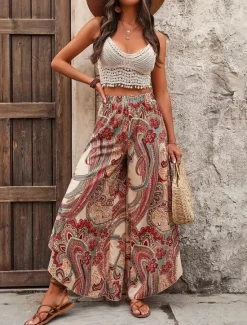 New Women's Wide Leg Pants Trousers Lightweight Casual Full Length Mid Rise Floral Graphic Printing Breathability Comfortable Inelastic Home Casual Daily Summer Spring Regular Fit Women Pants