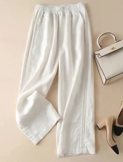 New Women's Wide Leg Pants Trousers Baggy Pants Fashion Streetwear Full Length High Waist Plain Pocket Elastic Waist Baggy Breathability Comfortable Micro-elastic Vacation Street Casual rice white Women Pants
