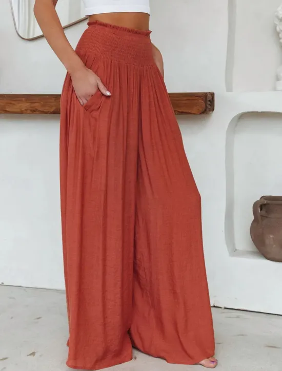 Online Women's Wide Leg Pants Trousers Vacation Simple Casual Full Length High Waist Plain Pocket Elastic Waist High Cut Comfort Breathability Soft Micro-elastic Home Street Daily Black Brick red Fall Winter Women Pants