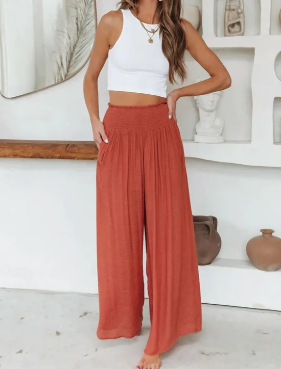 Online Women's Wide Leg Pants Trousers Vacation Simple Casual Full Length High Waist Plain Pocket Elastic Waist High Cut Comfort Breathability Soft Micro-elastic Home Street Daily Black Brick red Fall Winter Women Pants