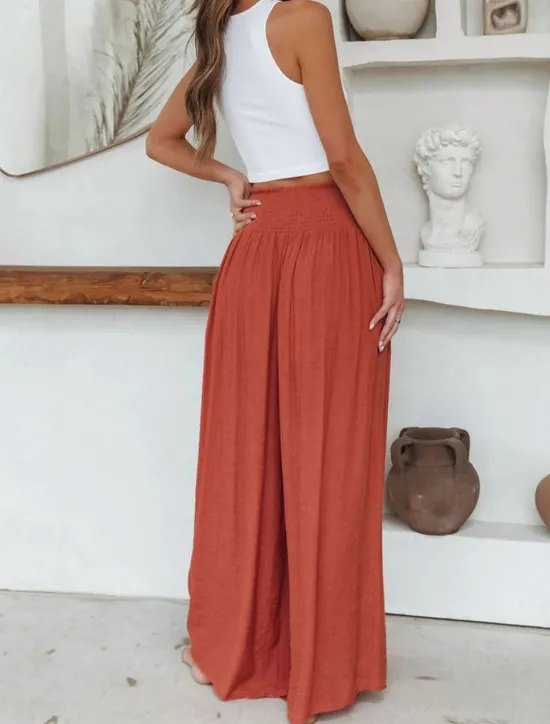 Online Women's Wide Leg Pants Trousers Vacation Simple Casual Full Length High Waist Plain Pocket Elastic Waist High Cut Comfort Breathability Soft Micro-elastic Home Street Daily Black Brick red Fall Winter Women Pants