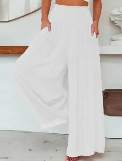 Online Women's Wide Leg Pants Trousers Vacation Simple Casual Full Length High Waist Plain Pocket Elastic Waist High Cut Comfort Breathability Soft Micro-elastic Home Street Daily Black Brick red Fall Winter Women Pants