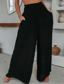 Online Women's Wide Leg Pants Trousers Vacation Simple Casual Full Length High Waist Plain Pocket Elastic Waist High Cut Comfort Breathability Soft Micro-elastic Home Street Daily Black Brick red Fall Winter Women Pants