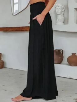 Online Women's Wide Leg Pants Trousers Vacation Simple Casual Full Length High Waist Plain Pocket Elastic Waist High Cut Comfort Breathability Soft Micro-elastic Home Street Daily Black Brick red Fall Winter Women Pants