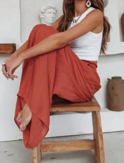 Online Women's Wide Leg Pants Trousers Vacation Simple Casual Full Length High Waist Plain Pocket Elastic Waist High Cut Comfort Breathability Soft Micro-elastic Home Street Daily Black Brick red Fall Winter Women Pants