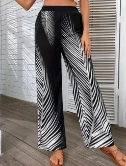 Women's Wide Leg Pants Trousers Casual Daily Long Leaf Wide Leg Print Breathability Comfortable Inelastic Going out Weekend Black White Khaki Spring & Summer Regular Fit Women Pants