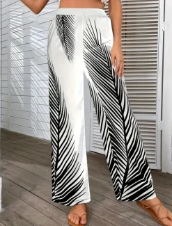 Women's Wide Leg Pants Trousers Casual Daily Long Leaf Wide Leg Print Breathability Comfortable Inelastic Going out Weekend Black White Khaki Spring & Summer Regular Fit Women Pants