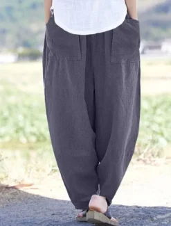 Women's Wide Leg Pants Trousers Streetwear Casual Long High Waist Plain Pocket Elastic Drawstring Design High Cut Breathability Soft Micro-elastic Vacation Street Daily Wear Wine Purple Deep Blue Gray Women Pants
