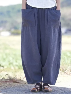 Women's Wide Leg Pants Trousers Streetwear Casual Long High Waist Plain Pocket Elastic Drawstring Design High Cut Breathability Soft Micro-elastic Vacation Street Daily Wear Wine Purple Deep Blue Gray Women Pants