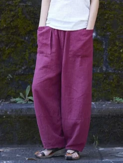 Women's Wide Leg Pants Trousers Streetwear Casual Long High Waist Plain Pocket Elastic Drawstring Design High Cut Breathability Soft Micro-elastic Vacation Street Daily Wear Wine Purple Deep Blue Gray Women Pants