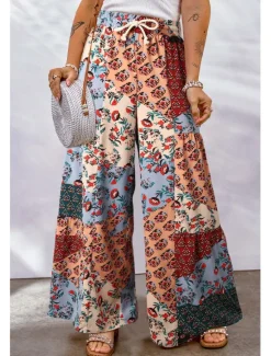Online Women's Wide Leg Pants Trousers Casual Daily Long Graphic Drawstring Side Pockets Wide Leg Breathability Comfortable Micro-elastic Going out Weekend Yellow Red Blue Purple Spring & Summer Loose Fit Women Pants