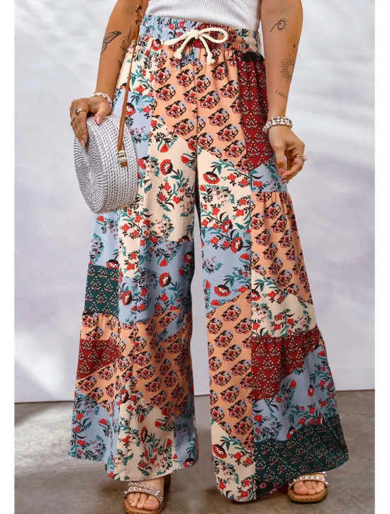 Online Women's Wide Leg Pants Trousers Casual Daily Long Graphic Drawstring Side Pockets Wide Leg Breathability Comfortable Micro-elastic Going out Weekend Yellow Red Blue Purple Spring & Summer Loose Fit Women Pants