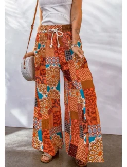 Online Women's Wide Leg Pants Trousers Casual Daily Long Graphic Drawstring Side Pockets Wide Leg Breathability Comfortable Micro-elastic Going out Weekend Yellow Red Blue Purple Spring & Summer Loose Fit Women Pants