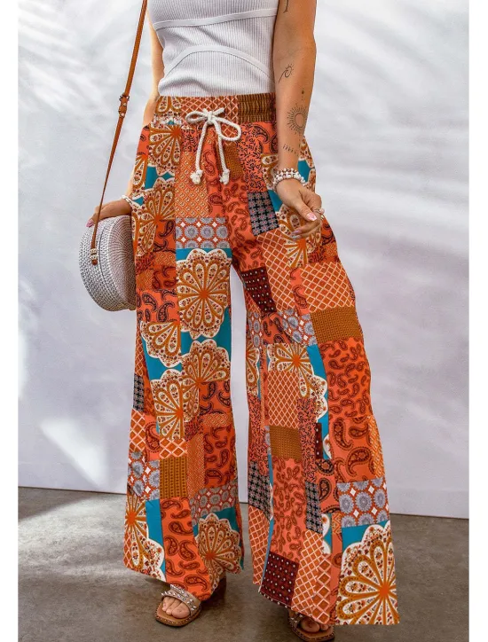 Online Women's Wide Leg Pants Trousers Casual Daily Long Graphic Drawstring Side Pockets Wide Leg Breathability Comfortable Micro-elastic Going out Weekend Yellow Red Blue Purple Spring & Summer Loose Fit Women Pants