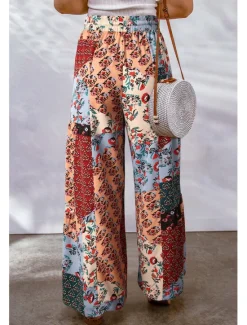 Online Women's Wide Leg Pants Trousers Casual Daily Long Graphic Drawstring Side Pockets Wide Leg Breathability Comfortable Micro-elastic Going out Weekend Yellow Red Blue Purple Spring & Summer Loose Fit Women Pants
