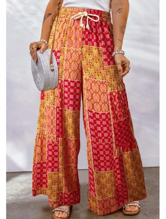 Online Women's Wide Leg Pants Trousers Casual Daily Long Graphic Drawstring Side Pockets Wide Leg Breathability Comfortable Micro-elastic Going out Weekend Yellow Red Blue Purple Spring & Summer Loose Fit Women Pants