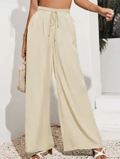 Sale Women's Wide Leg Pants Trousers Casual Daily Long Plain Drawstring Side Pockets Breathability Comfortable Micro-elastic Weekend Black Red Beige Gray Spring & Summer Regular Fit Women Pants