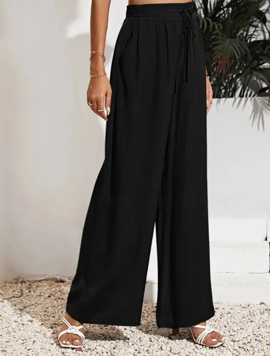 Sale Women's Wide Leg Pants Trousers Casual Daily Long Plain Drawstring Side Pockets Breathability Comfortable Micro-elastic Weekend Black Red Beige Gray Spring & Summer Regular Fit Women Pants