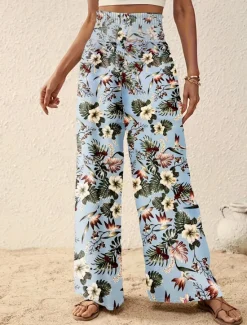 Outlet Women's Wide Leg Pants Trousers Casual Daily Long Floral Wide Leg Printing Breathability Comfortable Micro-elastic Vacation Weekend Pink Navy Blue Blue Apricot Spring & Summer Regular Fit Women Pants|Spring Pants