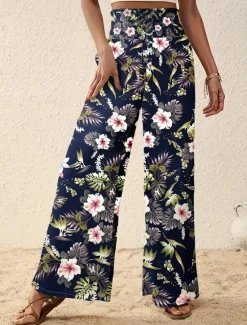Outlet Women's Wide Leg Pants Trousers Casual Daily Long Floral Wide Leg Printing Breathability Comfortable Micro-elastic Vacation Weekend Pink Navy Blue Blue Apricot Spring & Summer Regular Fit Women Pants|Spring Pants