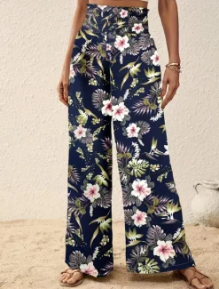 Outlet Women's Wide Leg Pants Trousers Casual Daily Long Floral Wide Leg Printing Breathability Comfortable Micro-elastic Vacation Weekend Pink Navy Blue Blue Apricot Spring & Summer Regular Fit Women Pants|Spring Pants