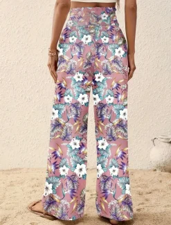 Outlet Women's Wide Leg Pants Trousers Casual Daily Long Floral Wide Leg Printing Breathability Comfortable Micro-elastic Vacation Weekend Pink Navy Blue Blue Apricot Spring & Summer Regular Fit Women Pants|Spring Pants