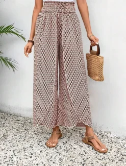 Best Women's Wide Leg Pants Trousers Streetwear Casual Long High Waist Geometic Pocket Printing Elastic Drawstring Design Breathability Soft Micro-elastic Vacation Street Daily Wear Cuticolor Black White Women Pants