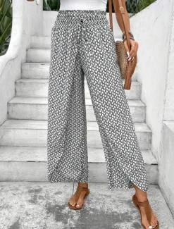 Best Women's Wide Leg Pants Trousers Streetwear Casual Long High Waist Geometic Pocket Printing Elastic Drawstring Design Breathability Soft Micro-elastic Vacation Street Daily Wear Cuticolor Black White Women Pants