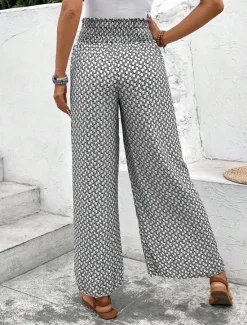 Best Women's Wide Leg Pants Trousers Streetwear Casual Long High Waist Geometic Pocket Printing Elastic Drawstring Design Breathability Soft Micro-elastic Vacation Street Daily Wear Cuticolor Black White Women Pants